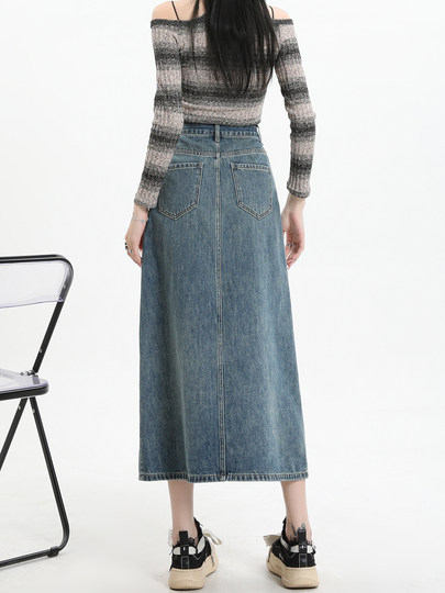 High-Waisted Side Slit Denim Skirt for Women 2025 Autumn and Winter New Design Mid-Length A-Line Skirt Hip-Hugging Skirt
