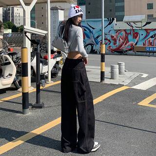 2026 New American Retro Wide-Leg Pants with Multiple Pockets, High-Waisted Loose-Fitting Slimming Denim Cargo Pants for Women, Floor-Length Pants