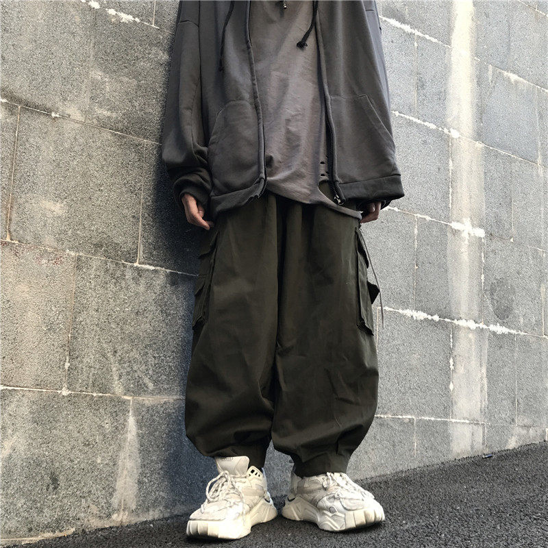 ins autumn Japanese vintage multi-pocket bundle foot overalls Solid color loose straight casual trousers Hip Hop trend brand