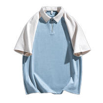 American retro color-blocked short-sleeved T-shirt for men spring and summer new half-zip lapel versatile casual T-shirt tops