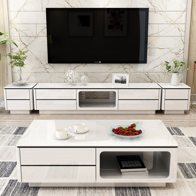 Modern minimalist TV cabinet coffee table combination set small apartment living room Nordic black and white marble TV cabinet floor cabinet