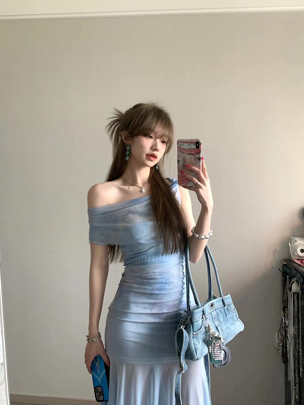 Salthe Salt Tea【Blues】Original French-Style Off-Shoulder Sheer A-Line Tulle Dress with a Sense of Atmosphere Salthe Salt Tea【Blues】Original French-Style Off-Shoulder Sheer A-Line Tulle Dress with a Sense of Atmosphere