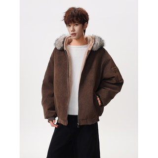 American Style Contrasting Color Fleece-Lined Pu Leather Cotton Jacket for Men, Winter Trendy Brand Design, Thickened and Warm Hooded Cotton Coat