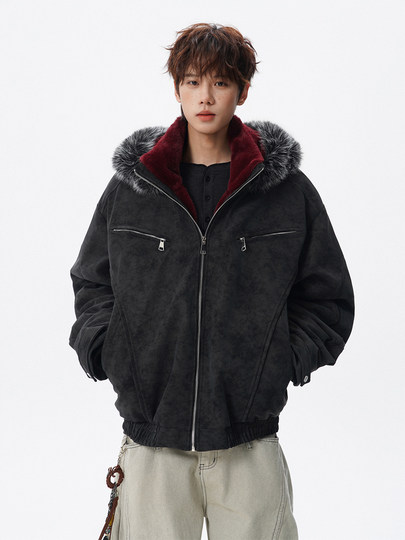 Chaqueta de algodón de cuero de pu con capucha y cuello de piel desmontable de estilo americano, moda de invierno para hombre, además de abrigo de algodón de terciopelo, chaqueta cálida holgada y gruesa