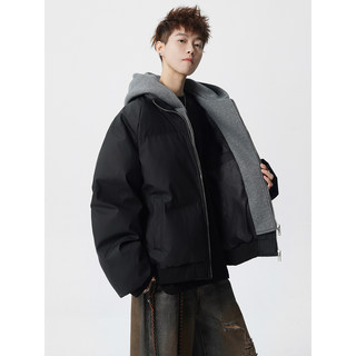 American-Style Color-Blocked Faux Two-Piece Hooded Leather Cotton Jacket for Men, Winter Trendy Brand Versatile Thickened Warm Casual Cotton Coat