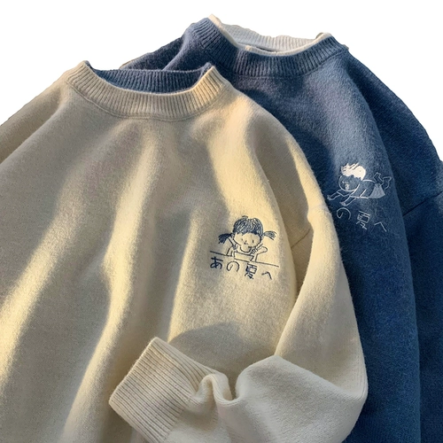 Демисезонный свитер, мультяшный трикотажный комплект для влюбленных, с вышивкой, свободный крой