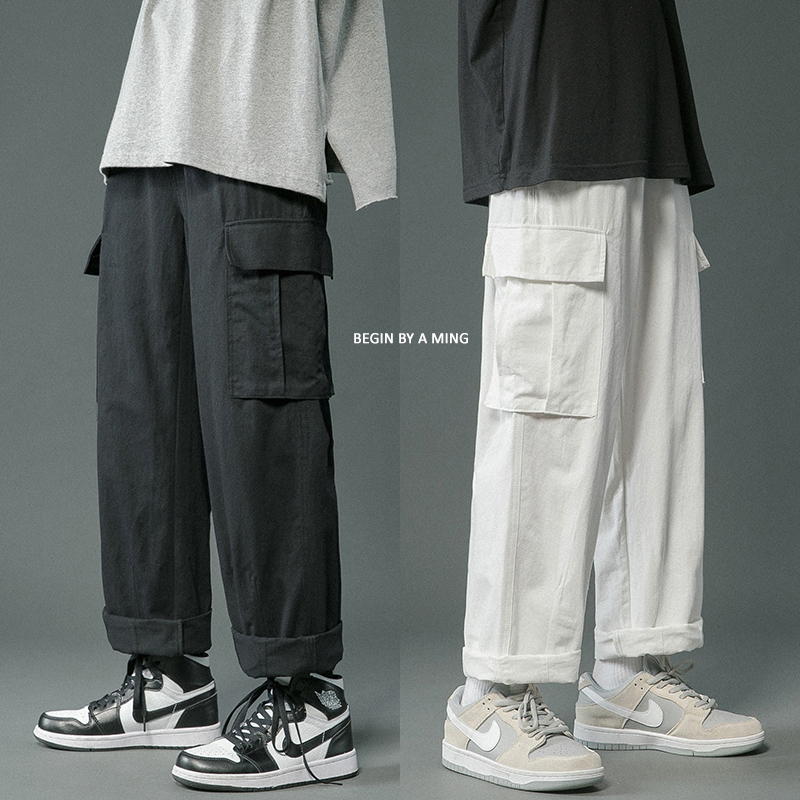 Japanese Style Versatile Cargo Pants for Men, Vibe Trendy Brand, Loose Straight-Leg Casual Pants, Hong Kong Style Solid Color Wide-Leg Sports Long Pants