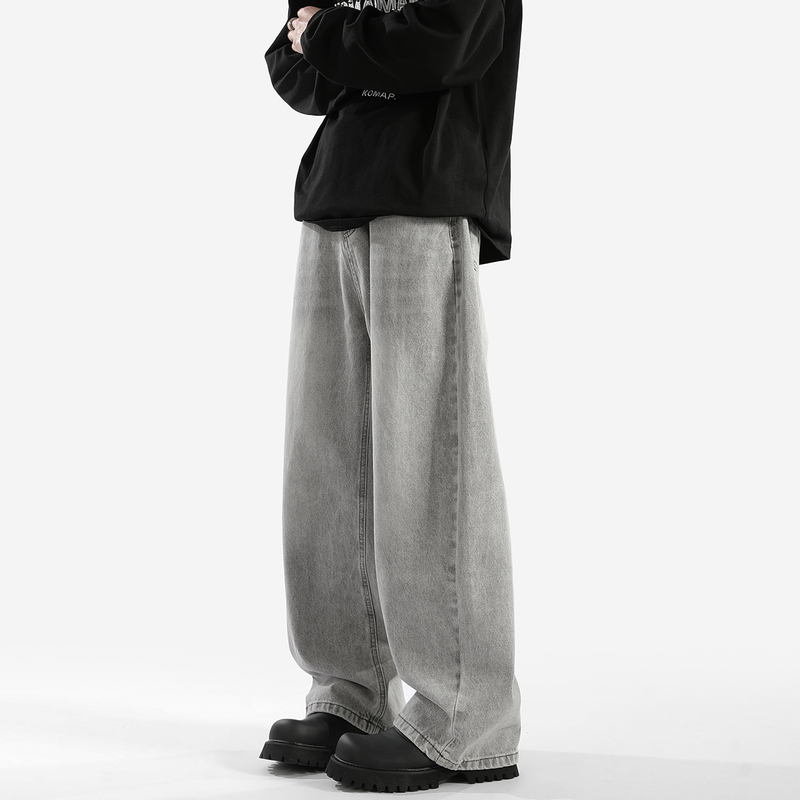 Smoky Gray Retro Jeans for Men, Trendy New American High Street Style, Loose and Drapey Wide-Leg Casual Floor-Length Pants