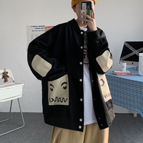 Baseball Suit Jacket Jacket Male Tide Card 2021 Spring Autumn New Loose Big Code Cartoon Collage-style Cardiovert Blouse