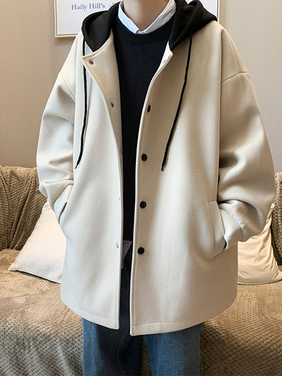 Abrigo de lana con capucha para niños primavera y otoño nueva chaqueta de empalme de marca de moda estilo de Hong Kong abrigo de lana de color sólido simple suelto