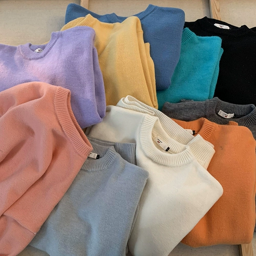 Цветной демисезонный трикотажный брендовый шерстяной свитер, круглый воротник, свободный крой