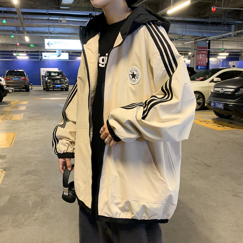 Jacket jacket men's autumn loose tide brand zipper hooded cardigan baseball uniform Hong Kong style loose large size color matching top