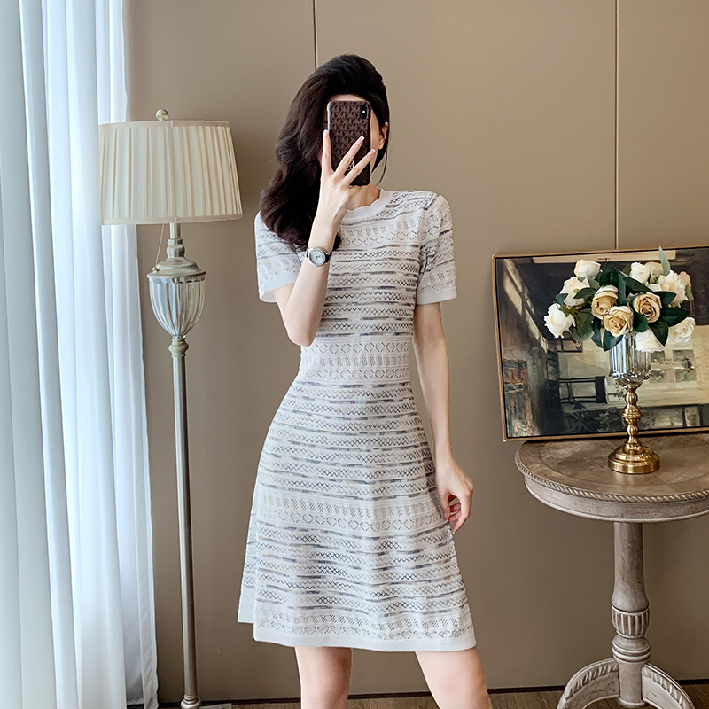French-Style Ice Silk Knitted Dress for Women, 2026 Summer New Model, Waist-Cinching, Slimming, Hollow-Out Base T-Shirt Dress