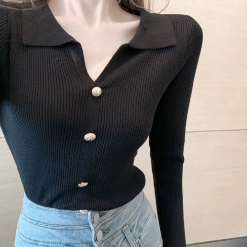 Сексуальная трикотажная футболка polo, демисезонный короткий лонгслив