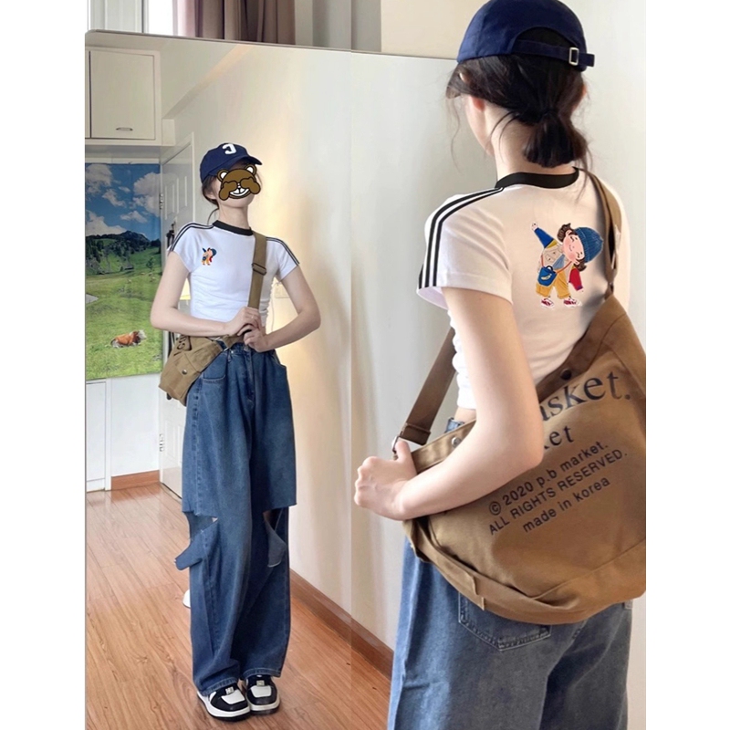 Pure Cotton High-Waisted Crop Top with Exposed Shoulders, Sweet and Spicy Style, Tight-Fitting Waist-Cinching Short-Sleeve T-Shirt for Women, Summer Short Cartoon-Style Pure Desire Top