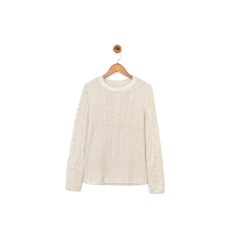 Trade Company Designer Sample Women's Clothing 100% Wool Off-White Twisted Pattern Round Neck Pullover Knit Sweater