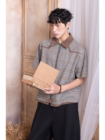 WESSK威尔士亲王千鸟格拼皮领解构短袖休闲衬衫短宽立体剪裁男女