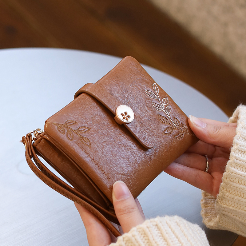 Niche Design Korean Style Fashion Embroidered Short Women's Wallet with Wrist Strap, Coin Purse, Student Multi-Card Slot Folding Wallet