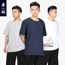 Shangyuan Shanli cotton and linen short-sleeved T-shirt Chinese national style summer cotton three-grain buckle Tang suit Zen lay suit