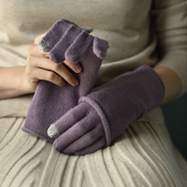 APCSHOP knitted cashmere gloves winter ladies cycling warm winter cold half touch screen two-piece set
