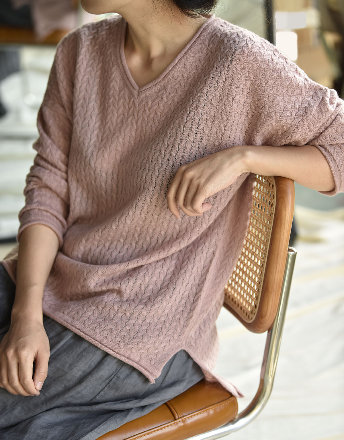 APCSHOP loose sweater 2022 early spring new V collar knit woman pure kashmir wool cover head long sleeve cashmere