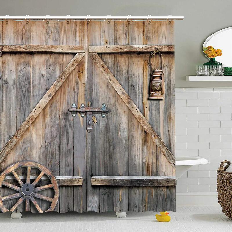 Rustic Wooden Barn Door Decorative Bathroom Shower Curtain Western Country Theme Vintage Rural Farmhouse Door Shower Curtain Set