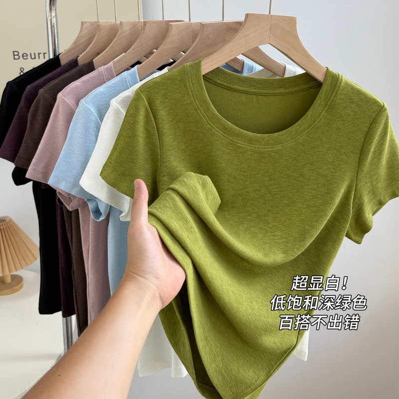 Modal Short-Sleeved T-Shirt for Women, Cotton Blend Top, New Style, High-End Feel, Round Neck, Green, Slim Fit, Flattering Half-Sleeve Modal Short-Sleeved T-Shirt for Women, Cotton Blend Top, New Style, High-End Feel, Round Neck, Green, Slim Fit, Flattering Half-Sleeve