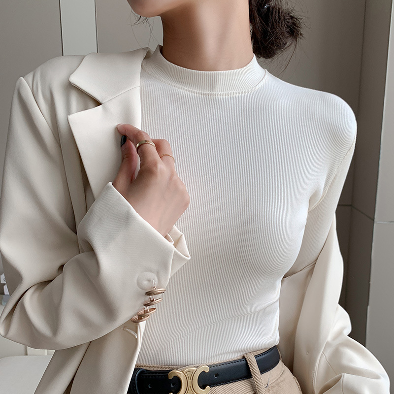 Threaded Round Neck Base Shirt for Women, Spring and Autumn Inner Wear, 2025 New Slim Fit, Slimming White Long-Sleeve T-Shirt Top