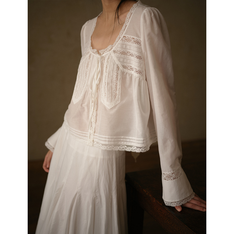 Commuse Memory『Island Pastoral』French-Style Heavy-Duty Hollow Lace Silk Cotton Shirt Women's Summer Blouse Commuse Memory『Island Pastoral』French-Style Heavy-Duty Hollow Lace Silk Cotton Shirt Women's Summer Blouse