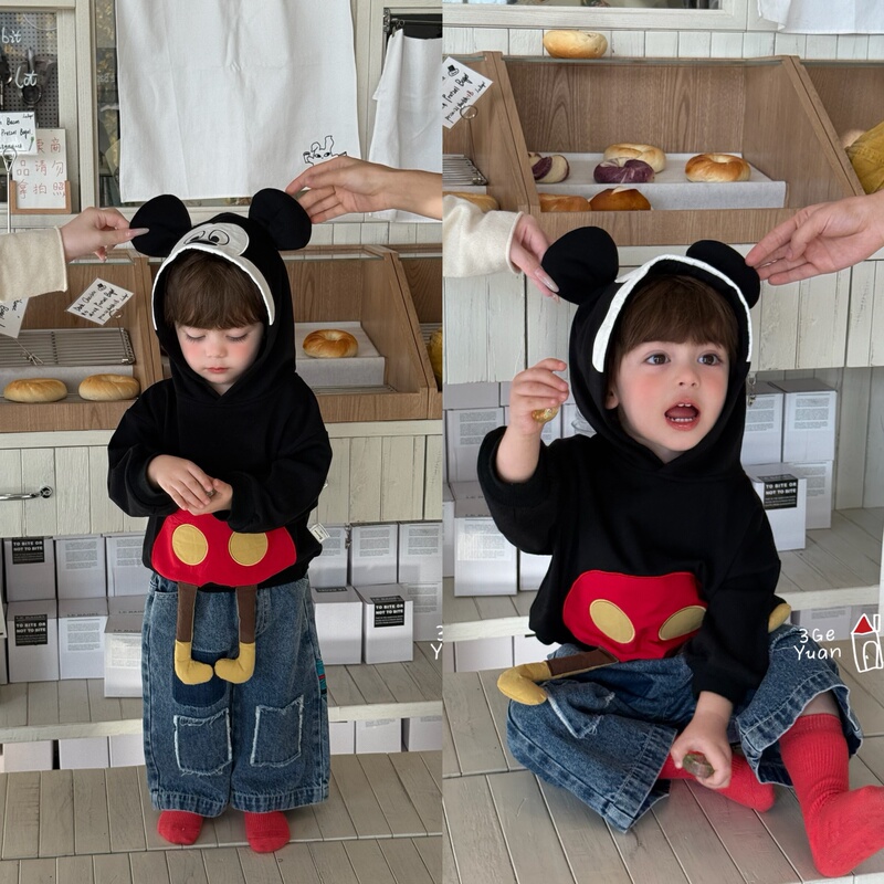 Three Seasons Spring New Collection Cute Mickey Hooded Black Sweatshirt Top Unisex Casual Versatile Jeans