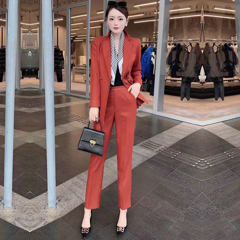 Advanced Sensory Fried Street Design Sensation Wool Double-Row Buttoned Suit Jacket Woman Spring Autumn Straight Drum Pants Suit Suit Foreign Pie
