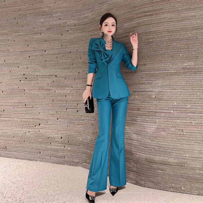 High-quality salt-style fried street suit female bow corsage suit jacket micro-flare pants two-piece fashion temperament