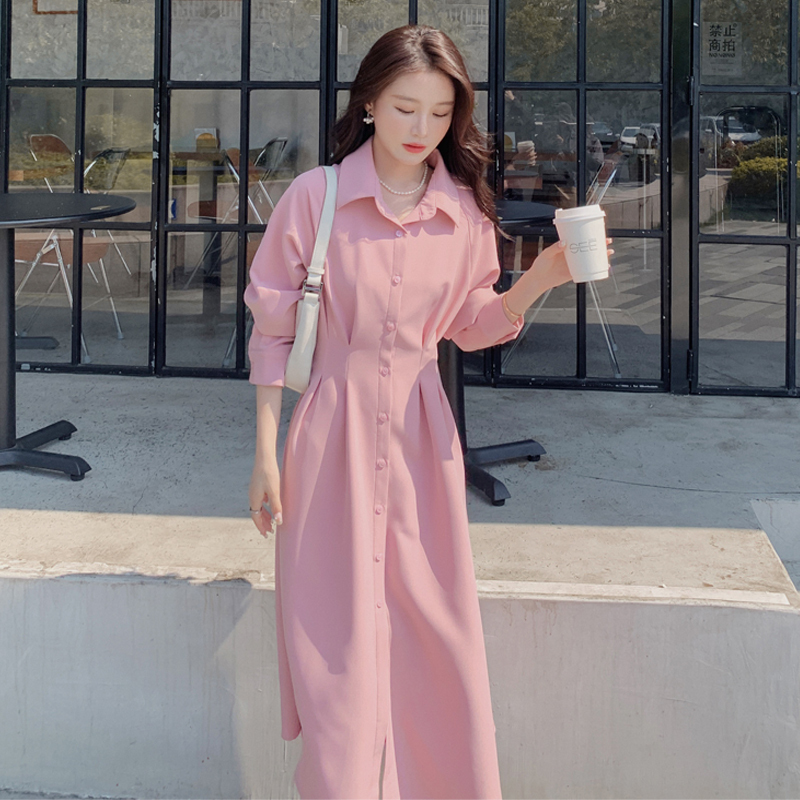 Pink Korean Style Polo Dress Women's Long Dress Spring 2023 New Style Waist-Cinching Slimming Elegant Large Hem Shirt Dress Pink Korean Style Polo Dress Women's Long Dress Spring 2023 New Style Waist-Cinching Slimming Elegant Large Hem Shirt Dress