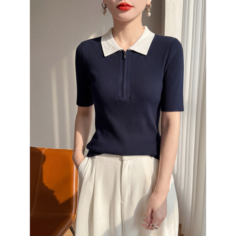 French-Style High-End Color-Blocked Lapel Short-Sleeve Knit Top for Women, New Summer Half-Zip T-Shirt, Elegant Commuter Top French-Style High-End Color-Blocked Lapel Short-Sleeve Knit Top for Women, New Summer Half-Zip T-Shirt, Elegant Commuter Top