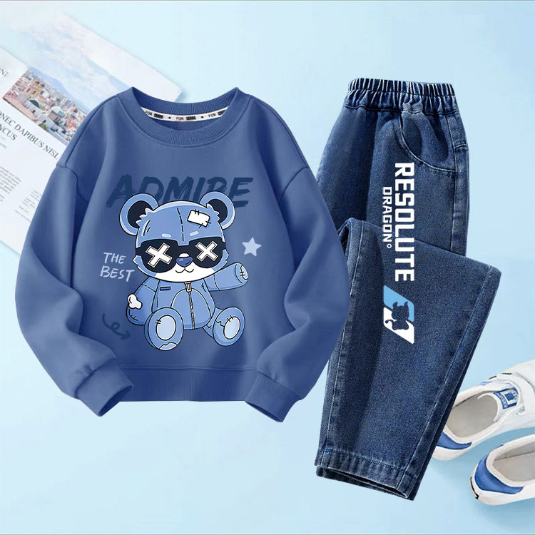 Детский стильный и красивый весенне-осенний свитер, джинсовый костюм для мальчиков, новинка 2025 года, спортивная универсальная верхняя одежда для мальчиков, костюм-двойка