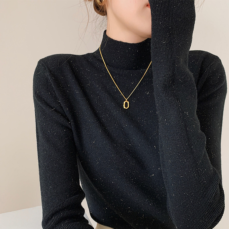 Shiny Silk Sweater for Women 2026 Spring and Autumn New Style Black Korean Version Shiny Silk Inner Layer Stylish Knitted Half-High Collar Base Shirt