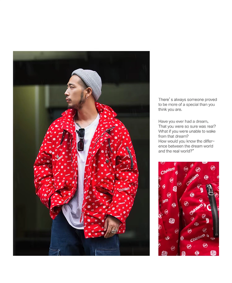 CHINISM Tay áo nam Zipper Pocket Pocket Chữ thường đệm đầy đủ In áo khoác trùm đầu lỏng lẻo