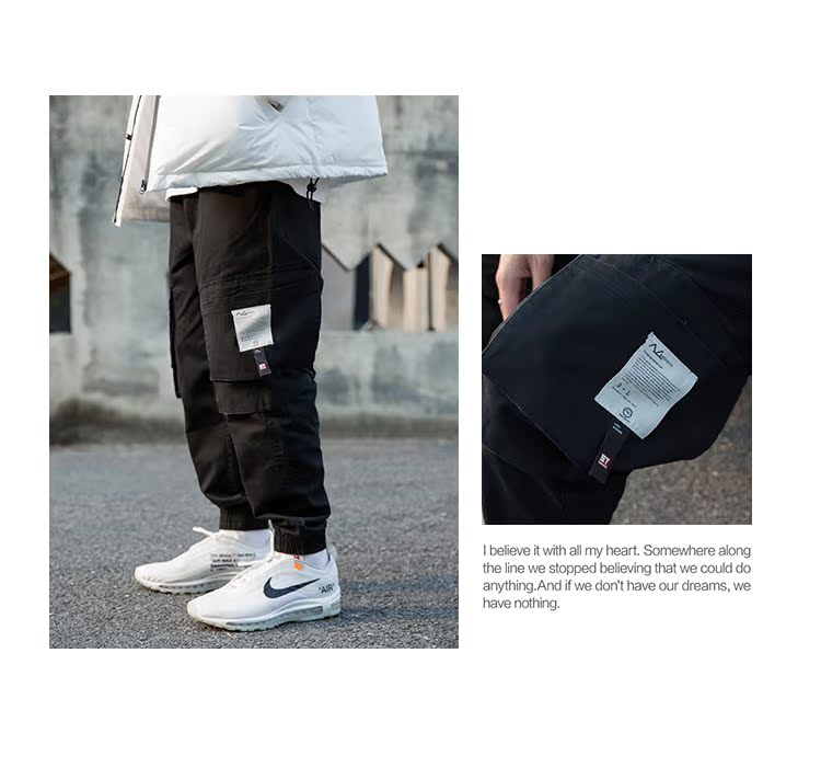 Bất đắc dĩ studio bên đôi túi quần quần overalls mùa xuân nam vá chân lỏng lẻo quần thường đồ nam đẹp