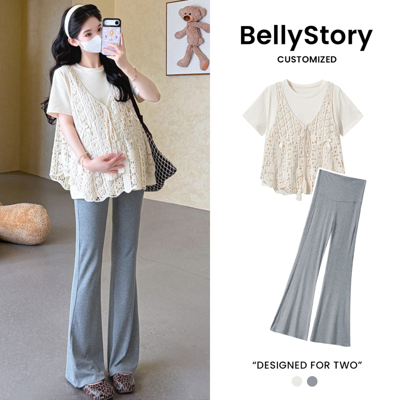 Maternity Wear Summer Set, French Style Outfit for Pregnant Women, High-End Chanel-Style Lace Camisole Short-Sleeve Top and Belly Support Pants