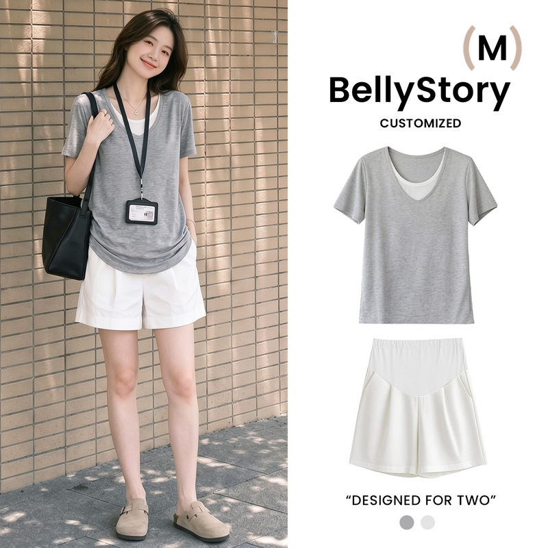 Maternity Wear 2026 New Summer Thin Style Outerwear Trendy Mom Pregnancy Stylish Outfit Korean Style Short-Sleeved Top and Shorts Set