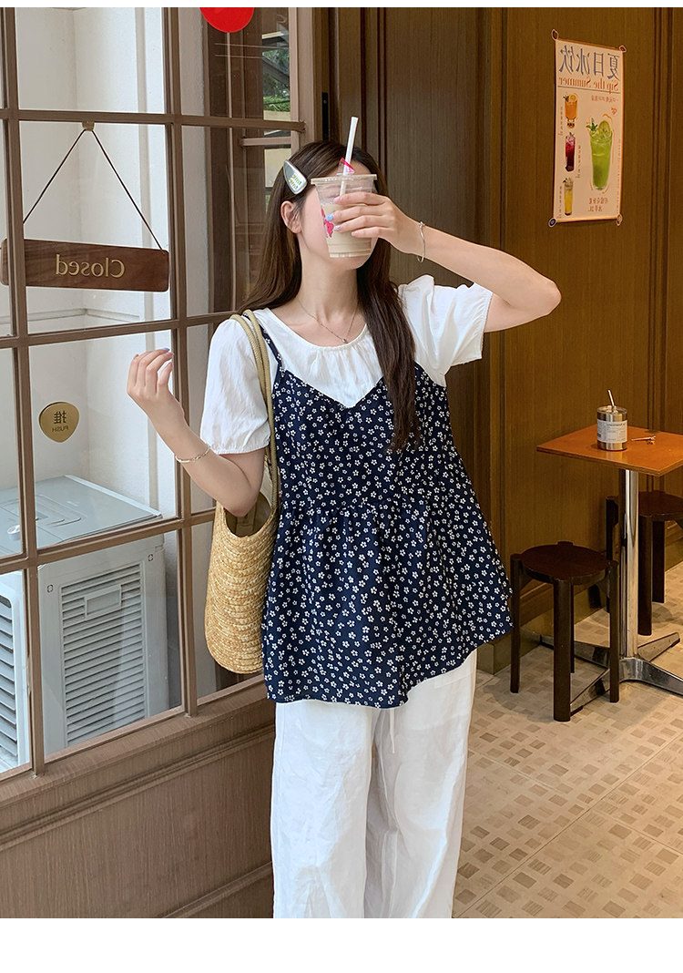 Костюм для беременных 孕妇装夏季套装潮妈孕期穿搭韩系洋派不显怀碎花假两件上衣阔腿裤 Bellystory