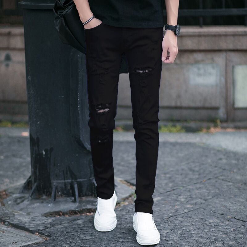 Black Summer Thin Jeans for Men, Trendy Brand, Ripped, Slim Fit, Tapered Hem, Stretchy Long Pants, Korean Style Fashion Black Summer Thin Jeans for Men, Trendy Brand, Ripped, Slim Fit, Tapered Hem, Stretchy Long Pants, Korean Style Fashion