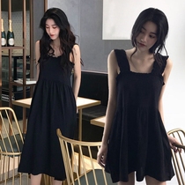 egg Zhixun French first love suspender over-the-knee dress Retro heart small black dress Hepburn high waist bellflower dress summer