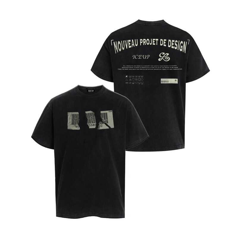 Ice up Label Dupont Sorona High Color Fastness Black T-Shirt Ice-Feel Fabric Short Loose Printed Short Sleeves