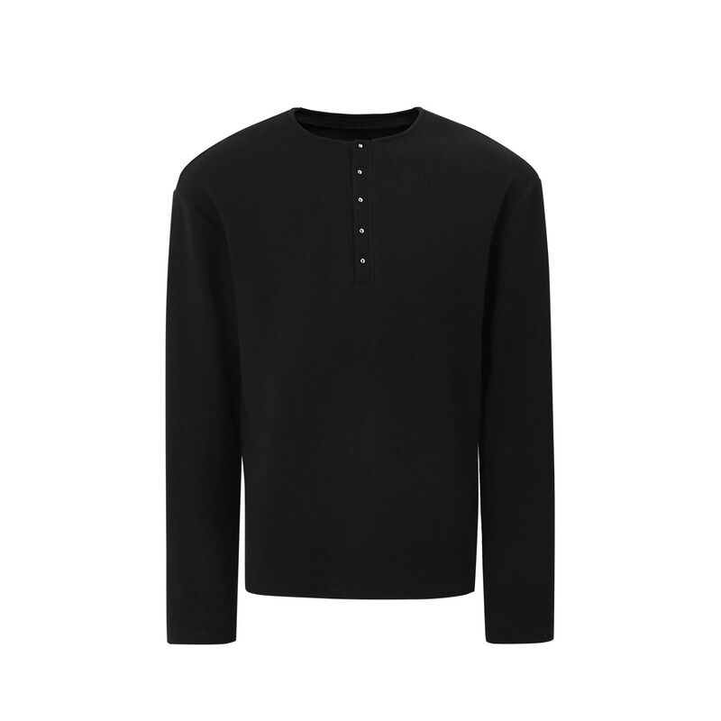 Ice up Waffle Knit Henry Collar Mushroom Button Basic Loose Casual Inner Layer Retro Solid Color Long Sleeve