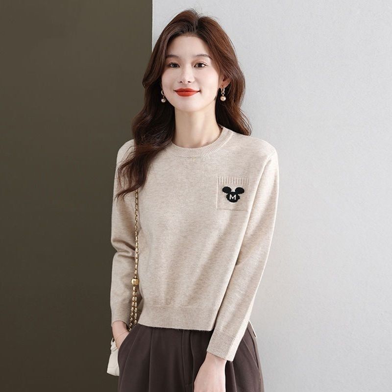 Round Neck Mickey Jacquard Knit Sweater for Women, Casual Short Loose Pullover Sweater, 2026 Autumn and Winter Base Layer Top