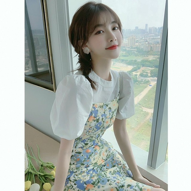 2024 ໃຫມ່ summer summer suit skirt puff sleeve skirt single/suit floral chiffon suspender dress for women