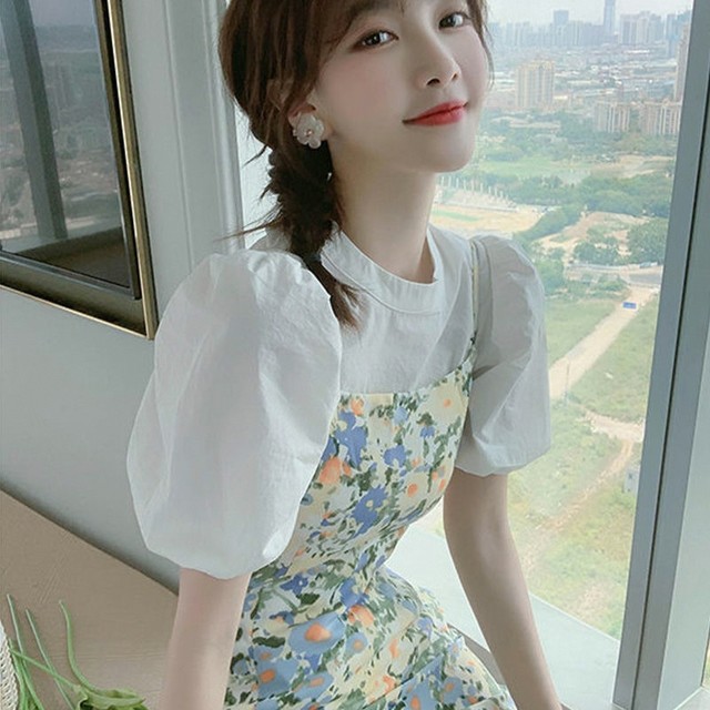 2024 ໃຫມ່ summer summer suit skirt puff sleeve skirt single/suit floral chiffon suspender dress for women