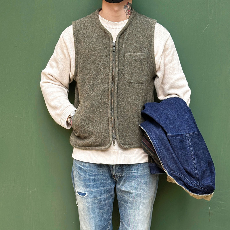 Double Indigo Outerwear and Innerwear, High-Quality Pure Wool Double-Zip Multi-Pocket Vintage Hunting Vest