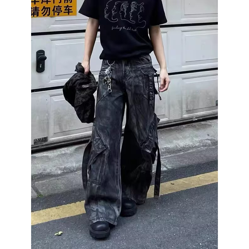 American Retro Distressed Y2K Punk Rock Jeans for Men, Designer Niche Heavyweight Multi-Pocket Workwear